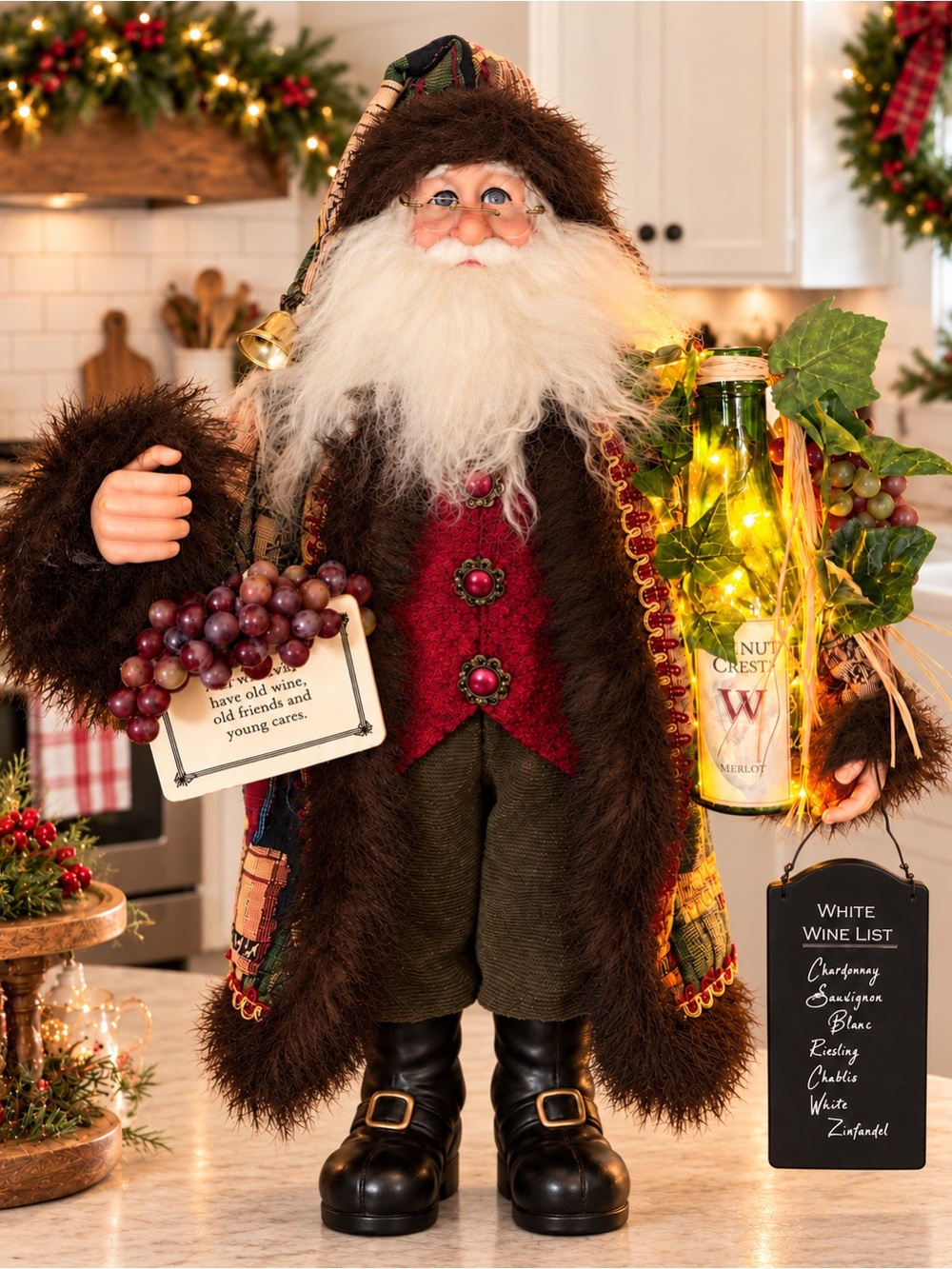 Karen Didion Crakewood Collection Lighted wine Santa Christmas Figurine